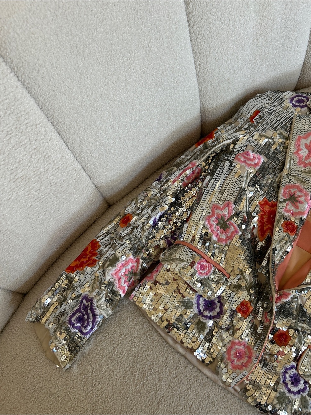 Alice + Olivia Silver Sequin Blazer with Pink, Purple & Orange Floral Embroidery - Picture 3 of 5